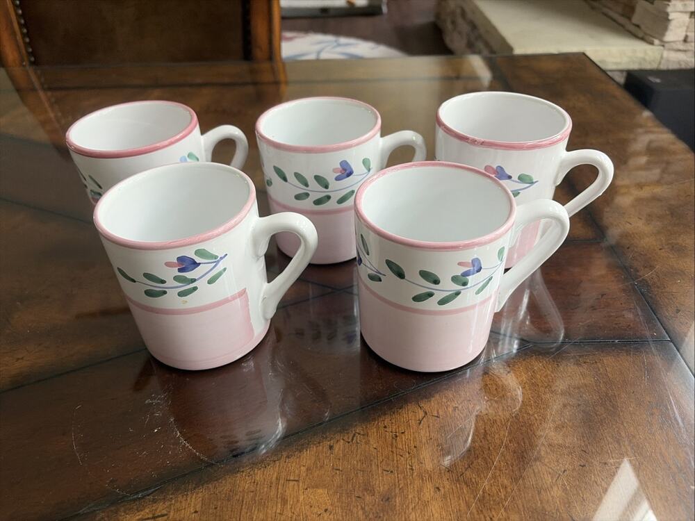Lot Of 5 Caleca 'Pink Garland" Hand painted Coffee Mugs~ Italy